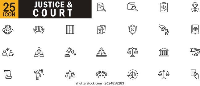 Conjunto de ícones de estrutura de tópicos editável por justiça e tribunal. Escalas legais, juiz, documentos legais, martelo, proteção legal, julgamento, justiça criminal e muito mais.