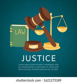 Justice and court, law book and hummer cartoon vector illustration. Justice symbols background, poster, flyer. Judicial procedures for lawyers with text and typography.