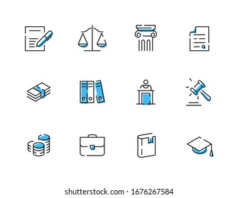 Justice, court. A set of twelve thin icons with editable strokes