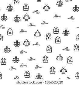 Justice In Courthouse Seamless Pattern Vector. Courthouse And Judge, Gavel Or Hammer, Judicial Scales And Law Monochrome Texture Icons. Constitution Court Template Flat Illustration