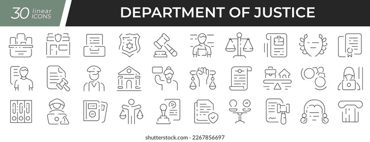 Justice department linear icons set. Collection of 30 icons in black