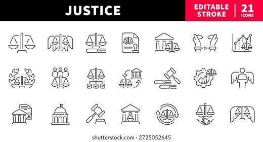 Gerechtigkeit editierbare Linien Symbole gesetzt. juristische und juristische Symbole