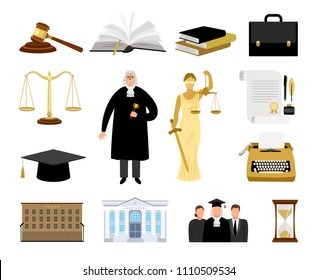 Justice elements. Jurisdiction and law cartoon vector icons, judge and briefcase, themis and scales of justice isolated on white