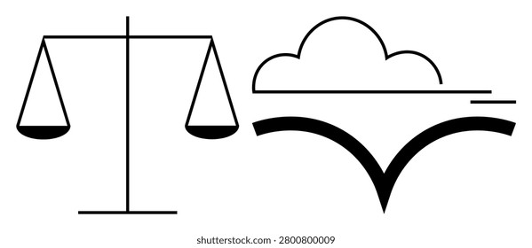Justice, equality, environmental harmony, law, freedom, ethical balance. Minimalist design of a balance scale and an abstract cloud shape. Justice and environmental harmony