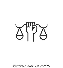 Justice Equality Scales icon. Simple icon depicting balanced scales held by a fist, representing the fight for equality and justice. Ideal for legal services, advocacy groups. Vector illustration