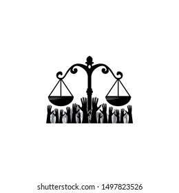 justice for everyone with hands and scales logo vector icon ilustration, Equality of law with many hands raised