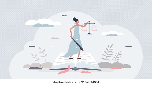 Justice and fair decision with equality principles tiny person concept. Femida female as truth symbol for lawyer, advocates and judge vector illustration. Blind female sculpture with sword and scales.