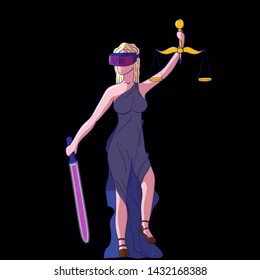 justice Femida with scales, virtual reality glasses VR and neon sword of justice - virtual justice concept - vector illustration