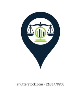 Plantilla vectorial del logotipo del concepto de la forma del pin del mapa de finanzas de la justicia. Firma de leyes creativas con el concepto del logo gráfico.