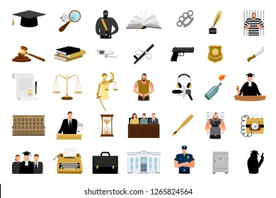 Justice flat icons. Criminal defense and lawyer briefcase, justice scale and judge hammer flat design big icon set, court and law vector signs