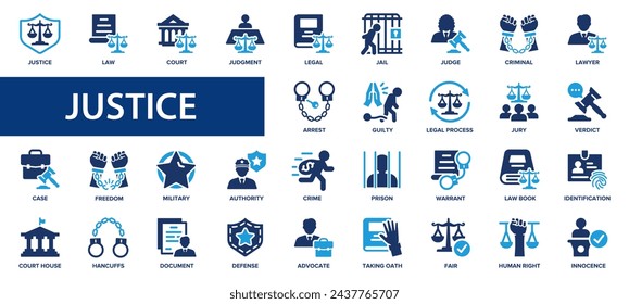 Justice flat icons set. Law, legal, judgment, prison, court, freedom icons and more signs. Flat icon collection.