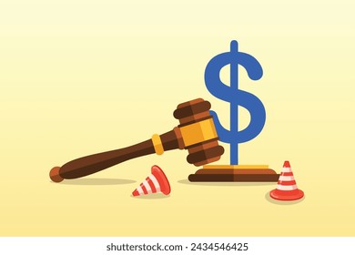 Justice gavel with dollar money symbol and accident pylons, workers compensation, insurance providing wages replacement, employee injured benefit, legal or law to compensate payment (Vector)