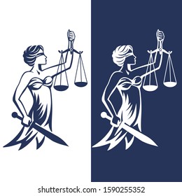 Justice Goddess Themis, lady justice Femida with sword and scales. Fair trial Law. Vector illustration.