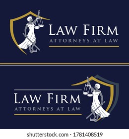 Justice Goddess Themis, lady justice. Logo design with the Statue of Femida  for law firm, lawyers, rights attorneys, business law firm. Blindfold woman holding scales and sword. Vector illustration.
