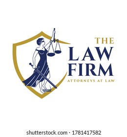 Justice Goddess Themis, lady justice. Logo design with the Statue of Femida for law firm, lawyers, rights attorneys, business law firm. Blindfold woman holding scales and sword. Vector illustration.