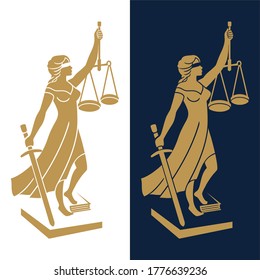 Justice Goddess Themis, lady justice. Statue of Femida on white background for law firm, lawyers, rights attorneys, business law firm. Blindfold woman holding scales and sword. Vector illustration.