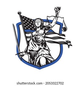 Justice Goddess Themis on the background of the American flag and shield, lady justice. Logo design with the Statue of Femida for law firm, lawyers, rights attorneys, business law firm. 