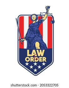 Justice Goddess Themis on the background of the American flag and shield, lady justice. Logo design with the Statue of Femida for law firm, lawyers, rights attorneys, business law firm. 