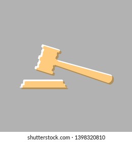 Justice hammer sign. Emboss effect with light orange icon on gray background.