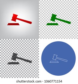 Justice hammer sign. Vector. 4 styles. Red gradient in radial lighted background, green flat and gray scribble icons on transparent and linear one in blue circle.