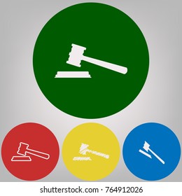 Justice hammer sign. Vector. 4 white styles of icon at 4 colored circles on light gray background.
