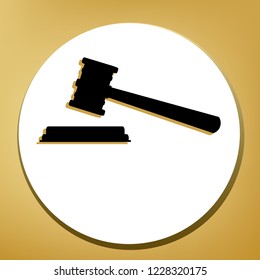Justice hammer sign. Vector. Black icon with light brown shadow in white circle with shaped ring at golden background.
