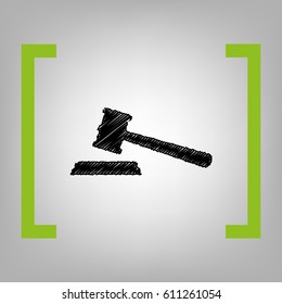 Justice hammer sign. Vector. Black scribble icon in citron brackets on grayish background.