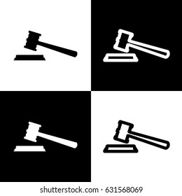 Justice hammer sign. Vector. Black and white icons and line icon on chess board.