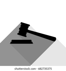 Justice hammer sign. Vector. Black icon with two flat gray shadows on white background.