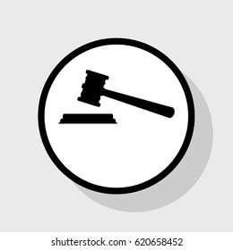 Justice hammer sign. Vector. Flat black icon in white circle with shadow at gray background.