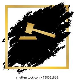 Justice hammer sign. Vector. Golden icon at black spot inside golden frame on white background.