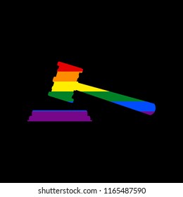 Justice hammer sign. Vector. Icon with colors of LGBT flag at black background.