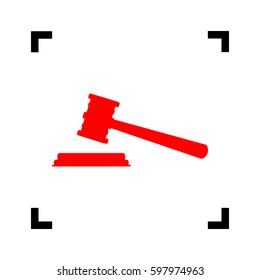 Justice hammer sign. Vector. Red icon inside black focus corners on white background. Isolated.