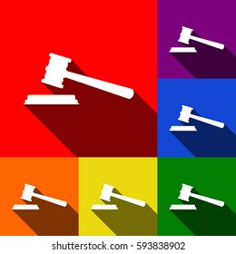 Justice hammer sign. Vector. Set of icons with flat shadows at red, orange, yellow, green, blue and violet background.