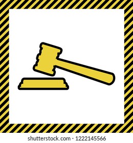 Justice hammer sign. Vector. Warm yellow icon with black contour in frame named as under construction at white background. Isolated.