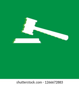 Justice hammer sign. Vector. White flat icon with yellow striped shadow at green background.