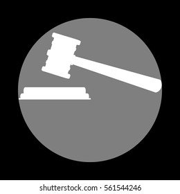 Justice hammer sign. White icon in gray circle at black background. Circumscribed circle. Circumcircle.