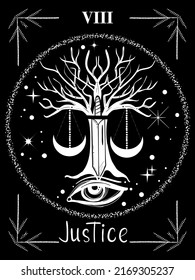 Justice hand drawn tarot card. Vector illustration with tree and scales. Witchcraft concept for tarot readers