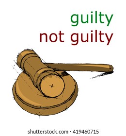 Justice hummer. Guilty and Not guilty sign. Judge gavel. Hand drawn vector stock illustration
