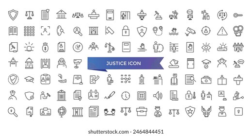 Justice icon collection. Related to justice law, court legal, lawyer, judgment, authority, criminal and prison icons set.