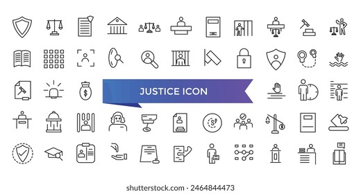 Justice icon collection. Related to justice law, court legal, lawyer, judgment, authority, criminal and prison icons set.