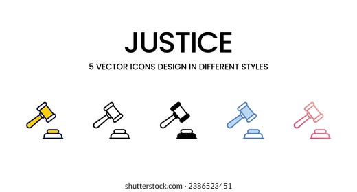 Diseño de iconos de justicia en estilo Cinco con pulsación editable. Línea, Sólido, Línea plana, Color de tono Duo y Línea de degradado de color. Adecuado para diseño de páginas Web, aplicaciones móviles, UI, UX y GUI.