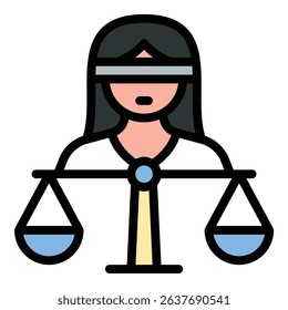 Justice icon flat line style illustration representing law, fairness, and legal authority, suitable for legal, government, and ethics-related projects