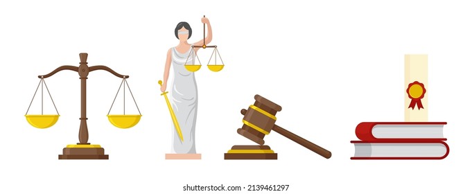 Justice icon. Scales and wooden judge gavel. Themis statue. Law hammer sign with books of laws. Vector web sign.