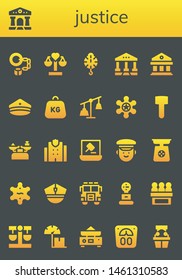 justice icon set. 26 filled justice icons.  Simple modern icons about  - Handcuffs, Courthouse, Balance, Scale, Police hat, Weight, Weights, Sheriff, Mallet, Police station, Auction