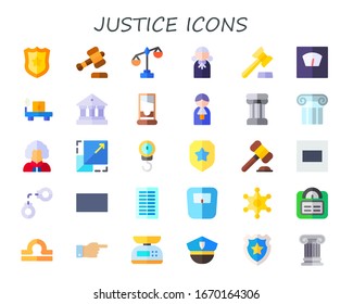 Symbol für Gerechtigkeit gesetzt. 30 Symbole für flache Gerechtigkeit.  Einfache, moderne Symbole wie: Polizeiausweis, Auktion, Maßstab, Richter, Handschellen, Massenskala, Gerichtsgebäude, Guillotine, Säule, Gleiches, Handschellen