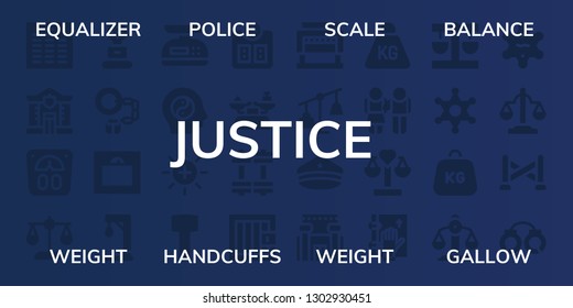  justice icon set. 32 filled justice icons. on blue background style Simple modern icons about  - Equalizer, Police, Scale, Balance, Weight, Handcuffs, Gallow, Mallet, Weights