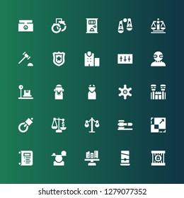 justice icon set. Collection of 25 filled justice icons included Jail, Guillotine, Scale, Balance, Law, Gallows, Sheriff, Criminal, Judge, Equalizer, Police station, Police badge