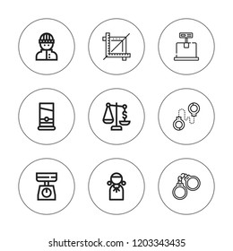 Justice icon set. collection of 9 outline justice icons with burglar, fetters, handcuffs, judge, guillotine icons. editable icons.