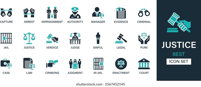 Justice icon set collection. Capture, arrest, imprisonment, authority, manager, evidence, criminal, jail, justice, judge, sinful, legal and best solid icon set.